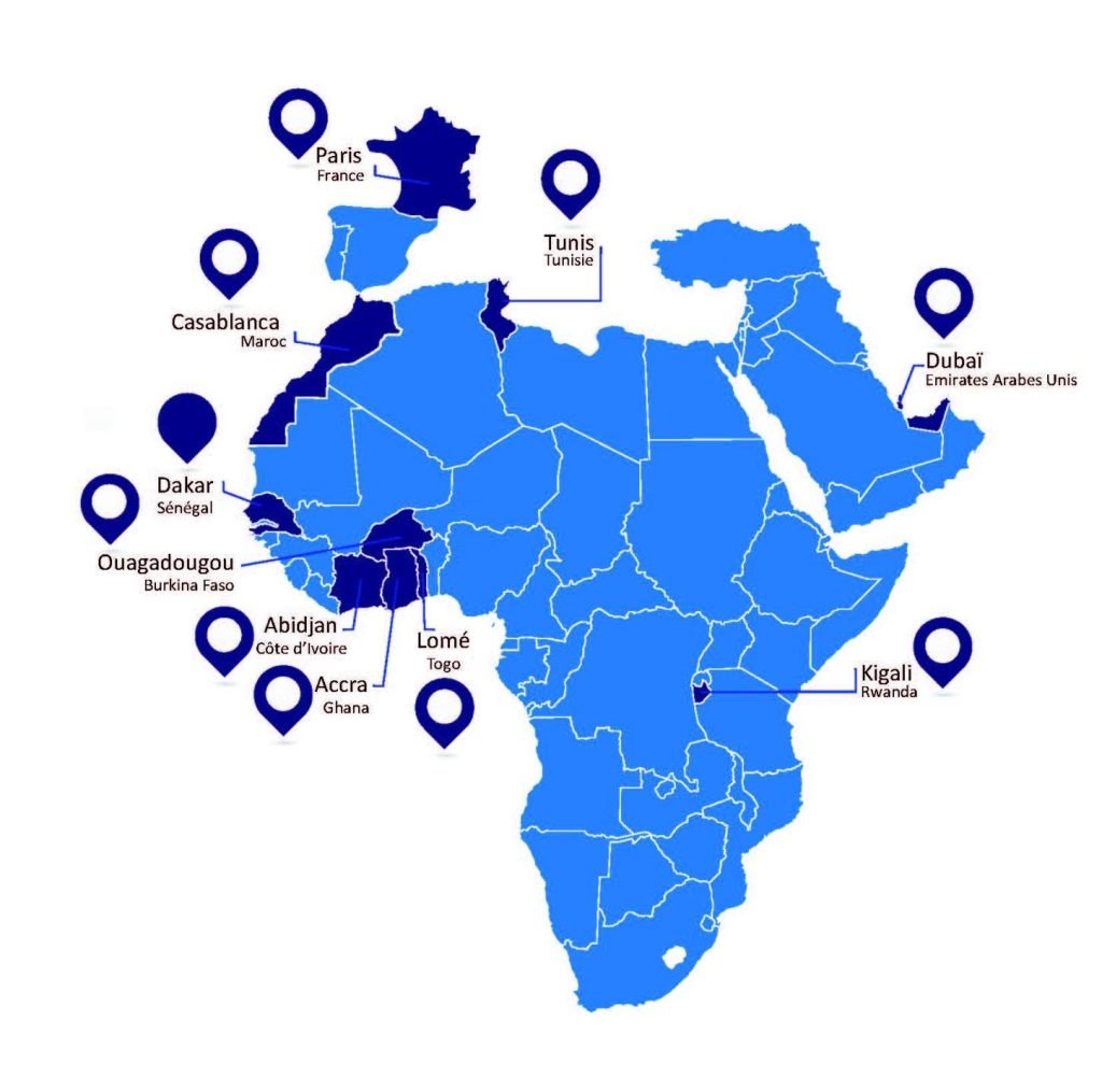 Carte des implantations CERCA International : Casablanca, Dakar, Abidjan, Ouagadougou, Lomé, Accra, Tunis, Kigali, Paris, Dubaï